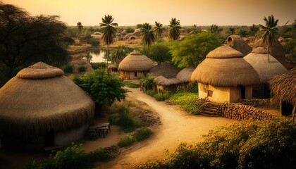 A picturesque view of a traditional Andhra Pradesh village with palm trees and thatched roofs captured with a Canon EOS  Generative AI