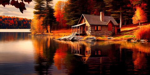 Fototapeta premium Wooden cabin by the lake in the forest - idyllic setting during the afternoon bathing in the sun's daylight. Nature without people by generative AI