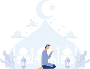 Muslim prayer illustration, Ramadan kareem greeting postcard, flat vector modern illustration