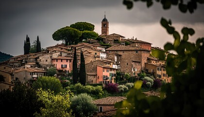 A charming village in the rolling hills of Tuscany taken with a Leica Q2 28mm lens f/8 classic  Generative AI