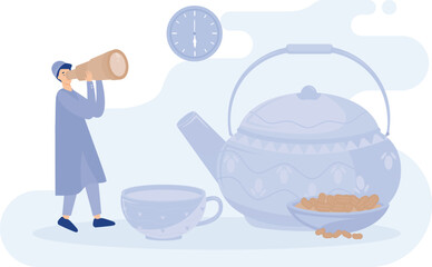 Muslim men are waiting for the time to iftar of Ramadan, ramadan kareem, flat vector modern illustration