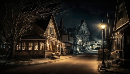 Naklejka premium A cozy village at night lit up by warm streetlights captured with a Fujifilm X Generative AI