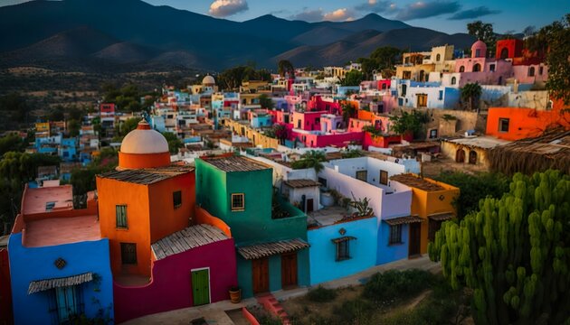 A colorful village in the hills of Oaxaca Mexico photographed with a Sony A6600 16mm lens f/5.6 vibrant  Generative AI