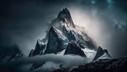 A breathtaking view of a majestic mountain peak shrouded in clouds captured with a high  Generative AI