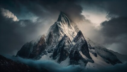 A breathtaking view of a majestic mountain peak shrouded in clouds captured with a high  Generative AI