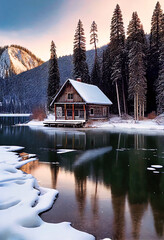 Fototapeta premium Wooden cabin by the lake in the forest - idyllic setting during the afternoon bathing in the sun's daylight. Nature without people by generative AI
