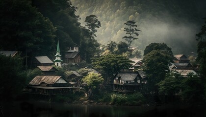 A serene village nestled in the forest captured with a Pentax K  Generative AI