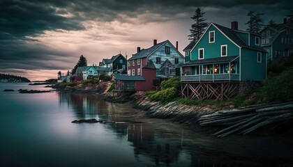 A quaint fishing village on the coast of Maine photographed with a Sony A7R III 24mm lens f/14 coastal  Generative AI