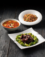 Chinese lunch set with rice, marinated beef and soup
