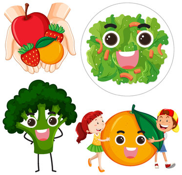 Set of fruit and vegetable cartoon character with smiley face