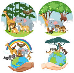 Set of circle temple to save the earth animal and forest