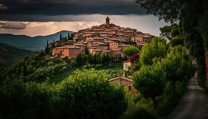 Naklejka premium A charming village in the rolling hills of Tuscany taken with a Leica Q2 28mm lens f/8 classic Generative AI