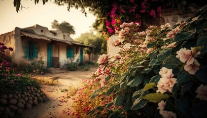 An enchanting view of a quaint Andhra Pradesh village with beautiful houses and colorful flowers captured with a high  Generative AI