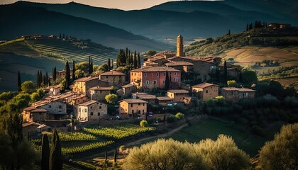 A charming village set against the backdrop of the rolling hills of Tuscany captured with a Nikon D850 35mm lens f/11 rustic  Generative AI
