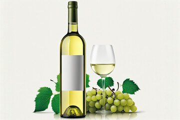 Generic bottle and glass of wine with blank label surrounded by green grapes created with Generative AI technology