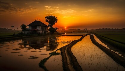 Fototapeta na wymiar A beautiful sunset over the paddy fields in a rural Andhra Pradesh village captured using a Nikon D850 camera with a 50mm lens and f/11 aperture Generative AI