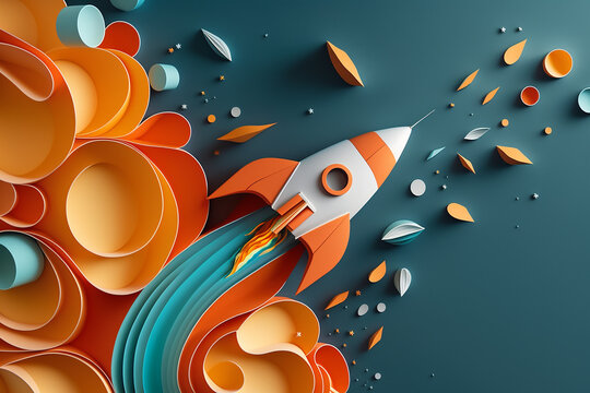 Rocket launching on deep blue background in quiling paper style. Concept of startup business idea taking off or imagination running. Generative AI