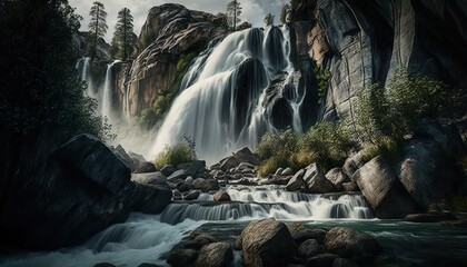 Obraz na płótnie Canvas A stunning view of a majestic waterfall surrounded by rocks and greenery captured with a high Generative AI