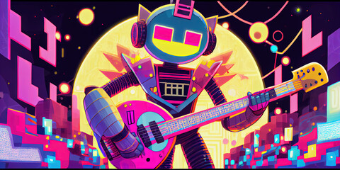 Musical robot playing guitar - artificial intelligence with a colorful concept design by generative AI