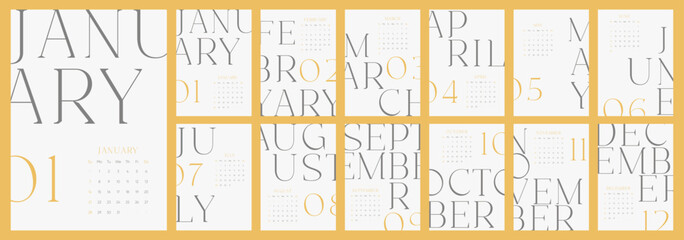 Wall calendar template for 2024 year. Week starts on Sunday. Boho typography design. Vintage decorative calendar. 2024 planner in retro typography style. English vector calendar.
