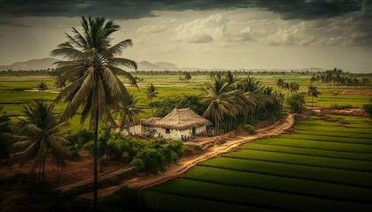 Fototapeta na wymiar A charming rural landscape of Andhra Pradesh with fields of crops and coconut trees shot with a Panasonic Lumix GH5S mirrorless camera 12 Generative AI