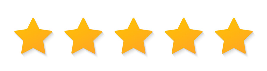 Golden five star icon vector isolated for online shop, customer review produck service store. 5 stars rating with realistic shadow