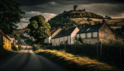 A picturesque village with a castle in the distance captured with a Nikon D6 28mm lens f/11 fairytale wide  Generative AI