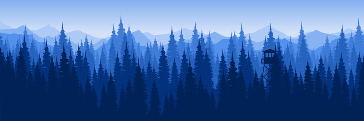 morning silhouette of pine tree landscape with sunset view flat design vector illustration good for wallpaper design, design template, background template, and tourism design template