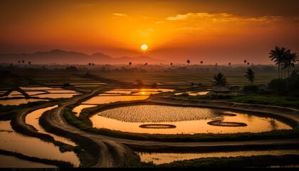 A beautiful sunset over the paddy fields in a rural Andhra Pradesh village captured using a Nikon D850 camera with a 50mm lens and f/11 aperture  Generative AI