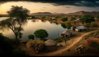 Fototapeta premium An inviting view of a serene Andhra Pradesh village with a beautiful lake in the foreground captured with a high Generative AI