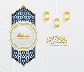 Fototapeta premium White and Blue Luxury Islamic Arch Background with Decorative Ornament Pattern And lamp, Ramadan Kareem calligraphy