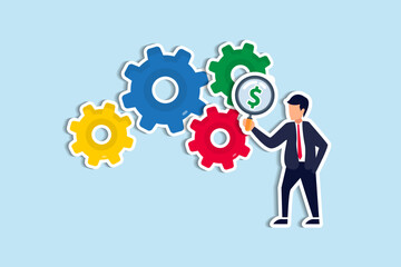 Cost effective, reduce cost and time to maximize better quality result, optimize cost and expense for better profit strategy concept, businessman with magnifier dollar money from cog gear production. 