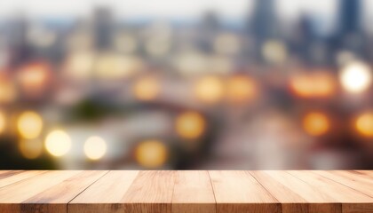Empty Wooden Table Focus to the Table Top, blurred city background, Top Desk with Blur Restaurant Background Created with Generative AI technology
