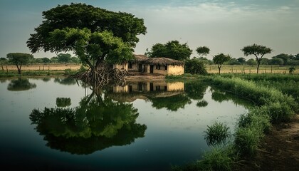 Fototapeta na wymiar A serene view of a tranquil Andhra Pradesh village pond taken with a Leica Q2 full Generative AI