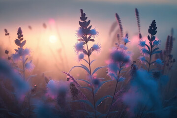 Field spring flowers on a foggy morning in the first rays of the sun. AI generated