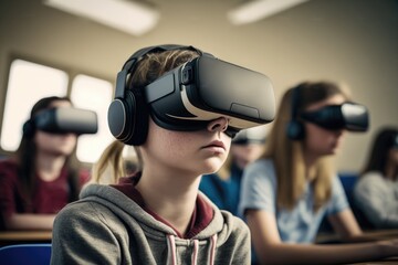 multicultural, multiracial schoolchildren using virtual reality headsets.