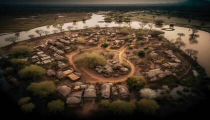 A breathtaking aerial shot of an Andhra Pradesh village with a DJI Mavic 2 Pro drone 28mm lens f/5.6 aperture dramatic and epic style  Generative AI