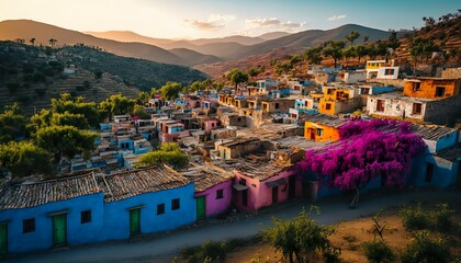 A colorful village in the hills of Oaxaca Mexico photographed with a Sony A6600 16mm lens f/5.6 vibrant  Generative AI