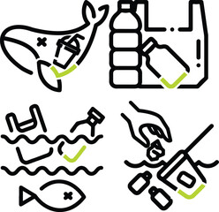 Set of Water Pollution Simple Line Icon