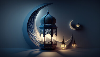 Ramadan Kareem greeting card with lanterns and crescent moon. Generative AI