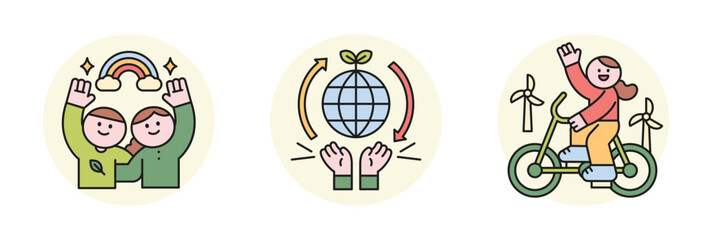 Activities for environmental protection. rainbow and people. hands protecting the earth. People riding bicycles to be eco-friendly.