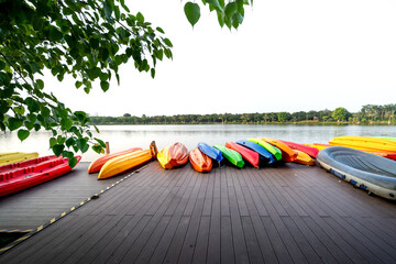 Colorful fiberglass kayak in dock