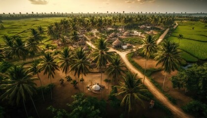 A breathtaking view of a peaceful Andhra Pradesh village with beautiful coconut trees and lush greenery captured with a high  Generative AI