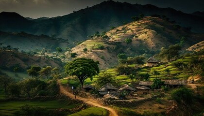 An enchanting view of the hilly terrain surrounding an Andhra Pradesh village captured using a Canon EOS 5D Mark IV camera with a 70  Generative AI