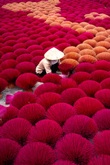 Traditional village workers of Ung Hoa incense are doing the incense drying process. This is a...