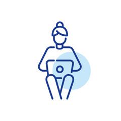 Woman sitting and working with laptop on her knees. Pixel perfect, editable stroke line icon
