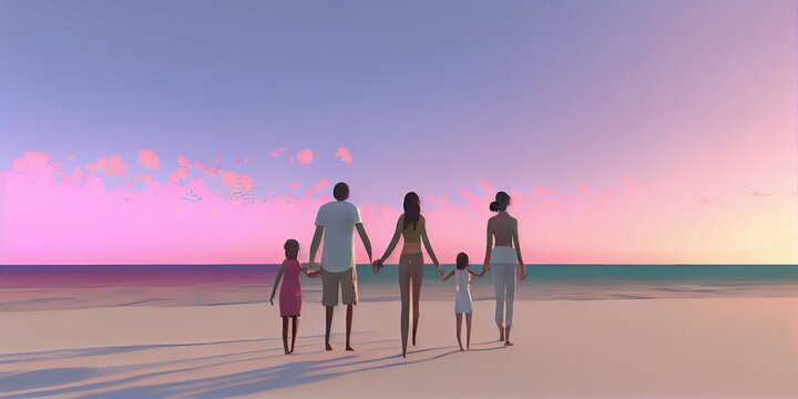 Illustration of a happy family waling on the beach, generative ai