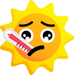 Sun with sick expression and fever thermometer. Clip art of hot sun with high temperature illustration. Cartoon character of sun icon with face expression for design graphic or children education
