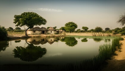 A serene view of a tranquil Andhra Pradesh village pond taken with a Leica Q2 full  Generative AI