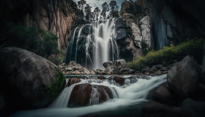 A stunning view of a majestic waterfall surrounded by rocks and greenery captured with a high  Generative AI